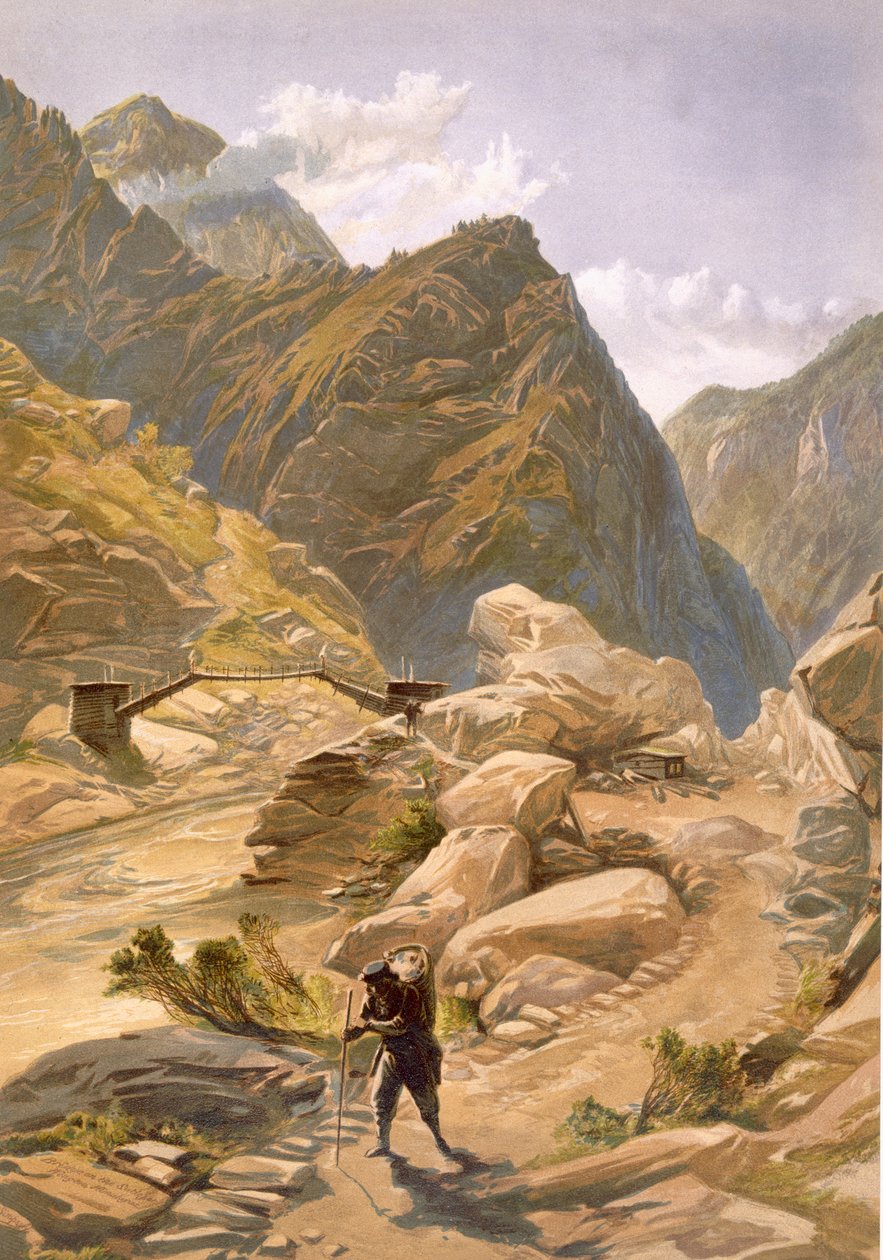Bro over Sutlej ved Wangtoo, fra 'India Ancient and Modern', 1867 av William Crimea Simpson