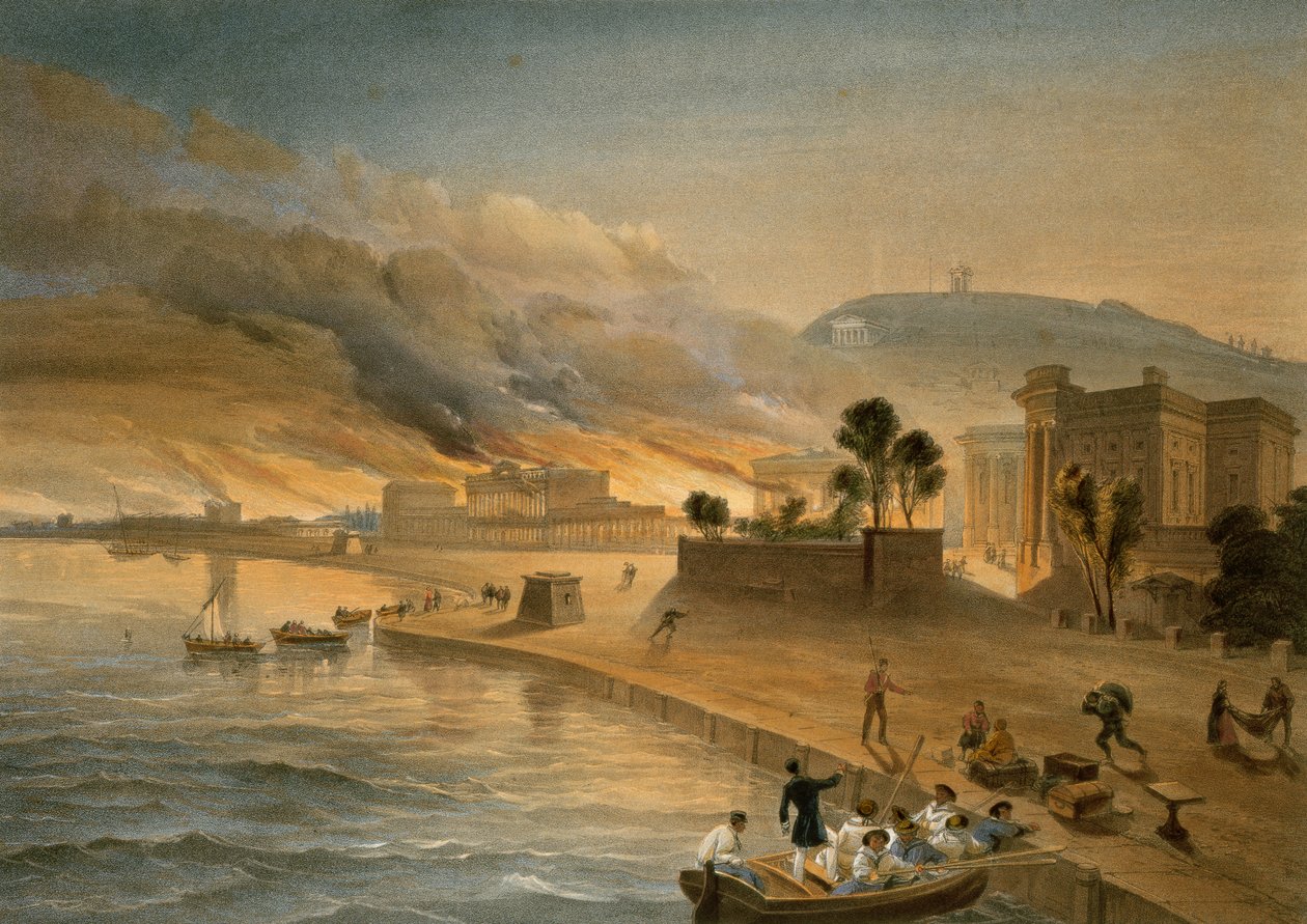 Burning of the Government Buildings at Kertch, plate fra "The Seat of War in the East", pub. av Paul und Dominic Colnaghi und Co., 1856 av William Crimea Simpson