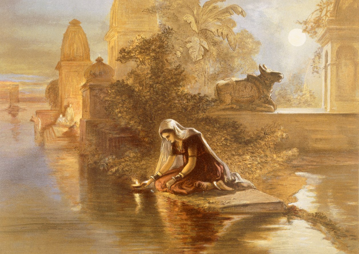 Indian Woman Floating Lamps on the Ganges, fra 