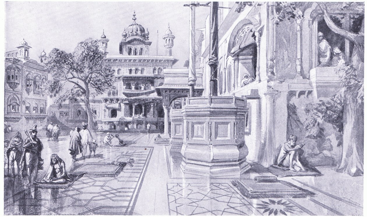Akal Bunga ved Det gylne tempel i Amritsar, 1864 e.Kr av William Crimea Simpson