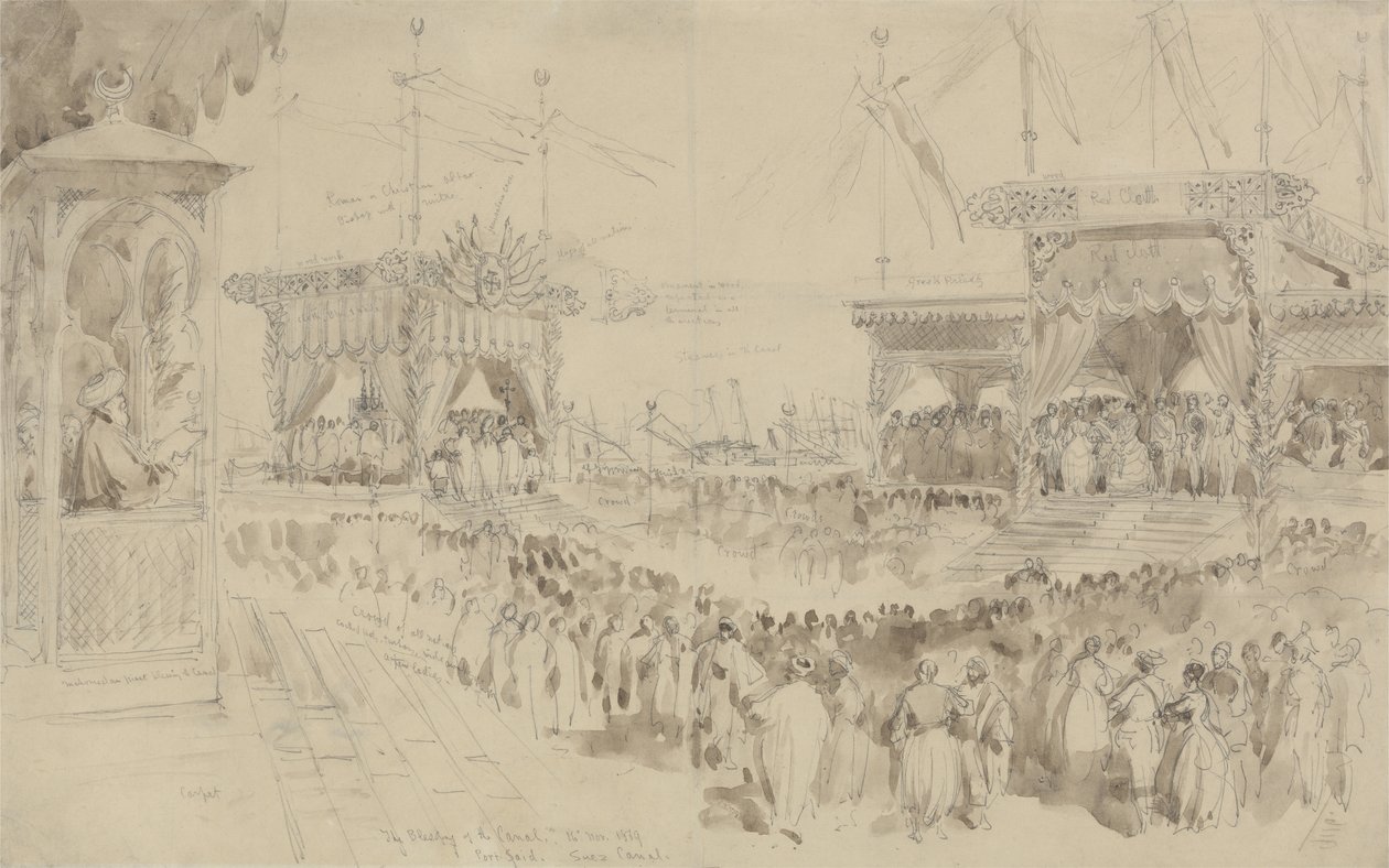 The Blessing of the Suez Canal, 1869 (grafitt og brun vask på papir) av William Crimea Simpson