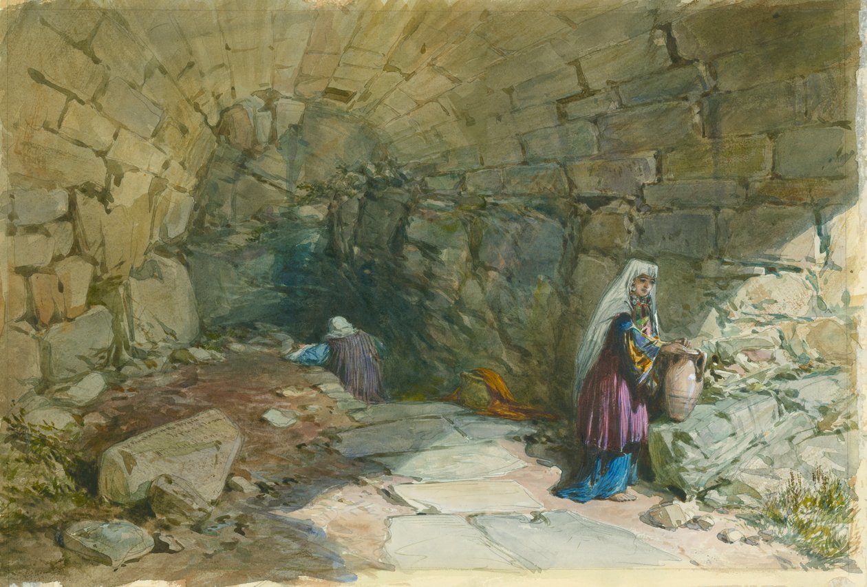 The Fountain of the Virgin, Jerusalem, 1869 (wc og blyant på papir) av William Crimea Simpson