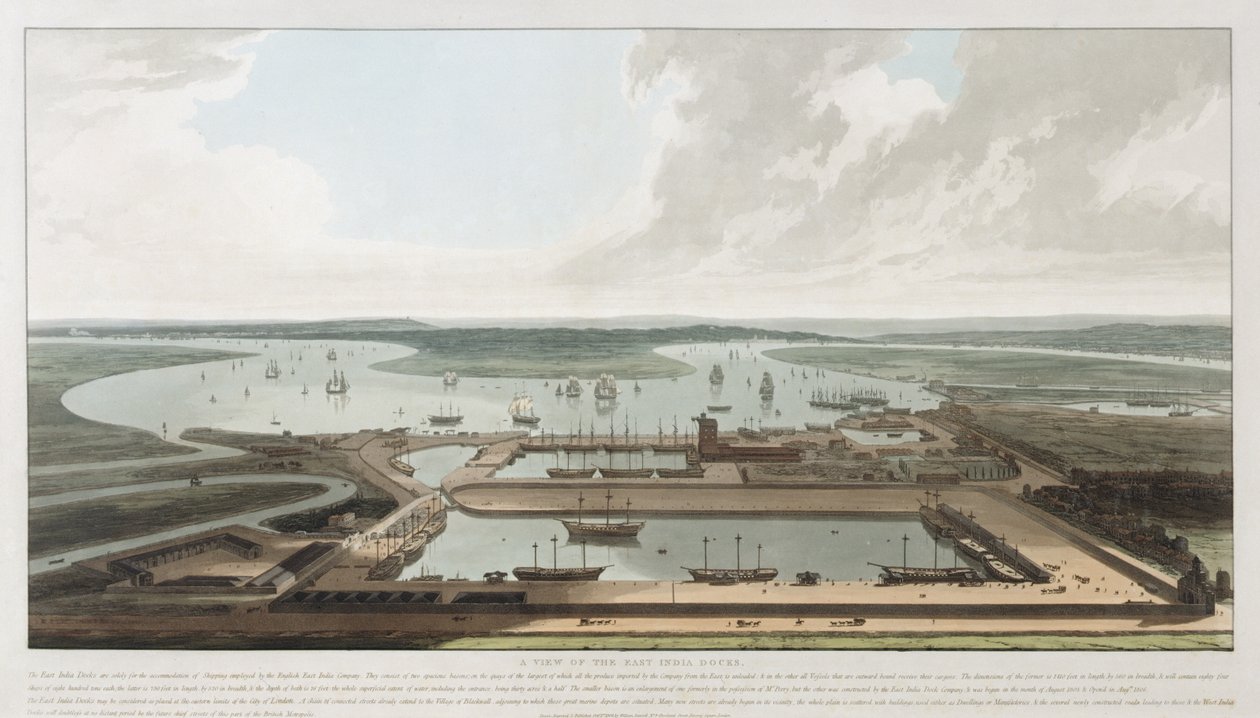 En utsikt over East India Docks, 1808 av William Daniell