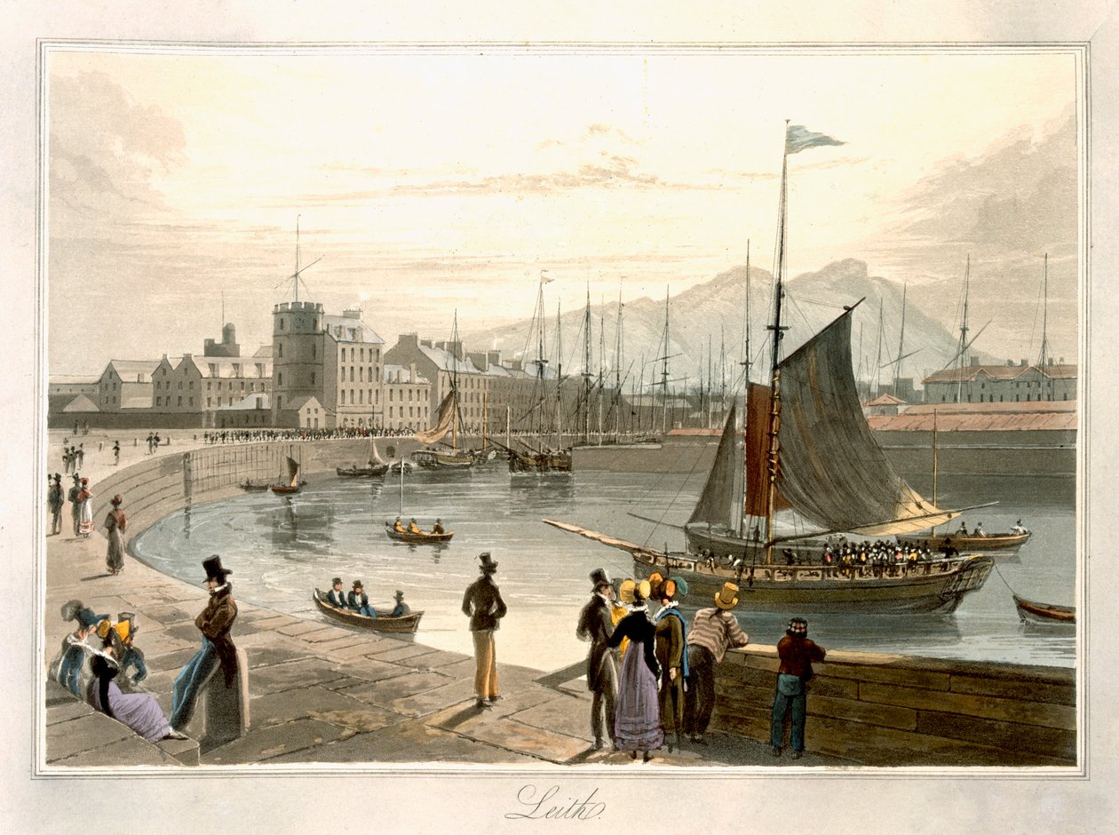 En ferge som ankommer Leith, fra 'A Voyage Around Great Britain Undertaken between the Years 1814 and 1825' publisert 1829 av William Daniell