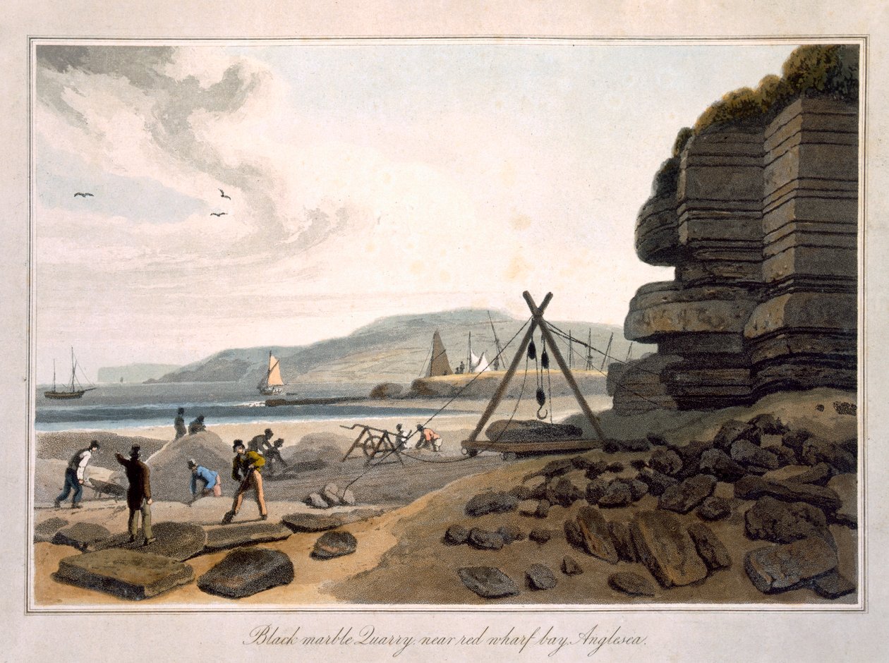 Black Marble Quarry nær Red Wharf Bay, Anglesea, fra 'A Voyage Around Great Britain Undertaken between the Years 1814 and 1825', publisert 1815 av William Daniell