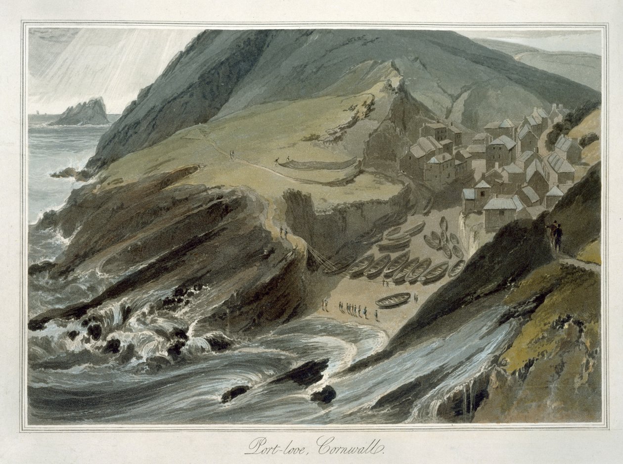 Port Looe, Cornwall, fra 'A Voyage Around Great Britain Undertake between the Years 1814 and 1825' (akvatint) av William Daniell