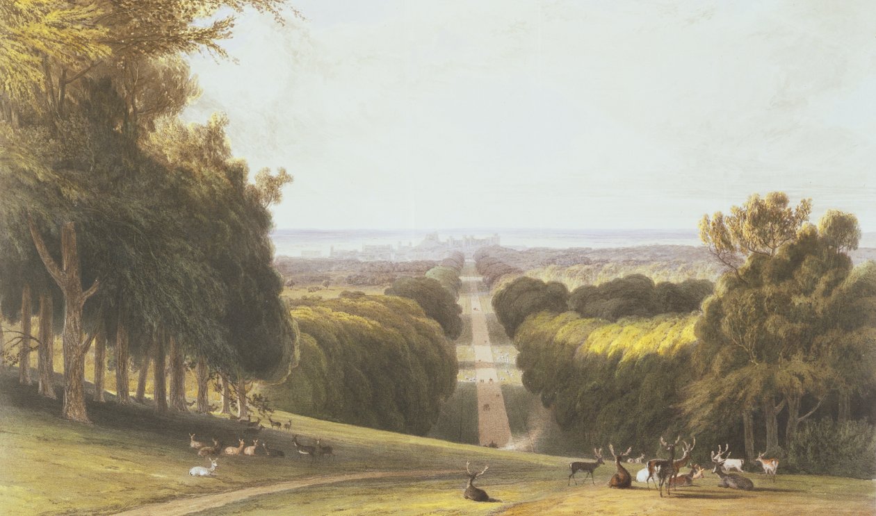 The Long Walk, Windsor Park, fra en samling av utsikt over Windsor, Eton og Virginia Water, ca. 1827-30 av William Daniell