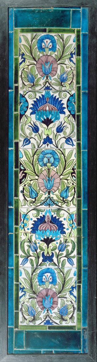Fem fliser med kontinuerlig blomsterdesign (keramikk) av William de Morgan
