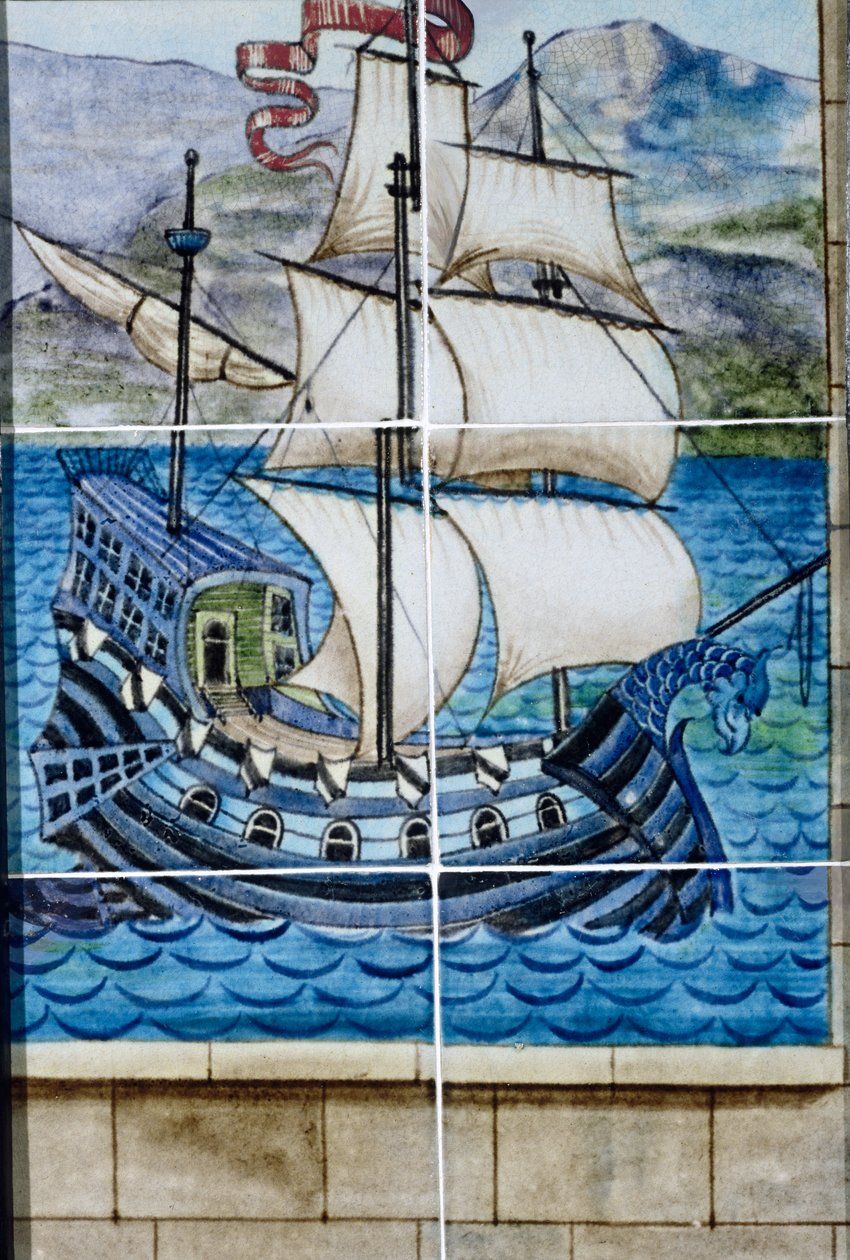 Seks fliser som viser en gallion (keramikk) av William de Morgan