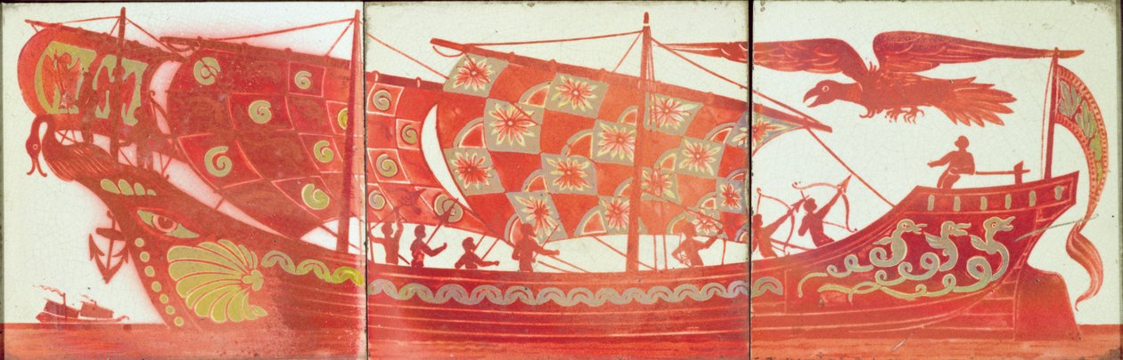 Tre fliser som viser et skip (keramikk) av William de Morgan