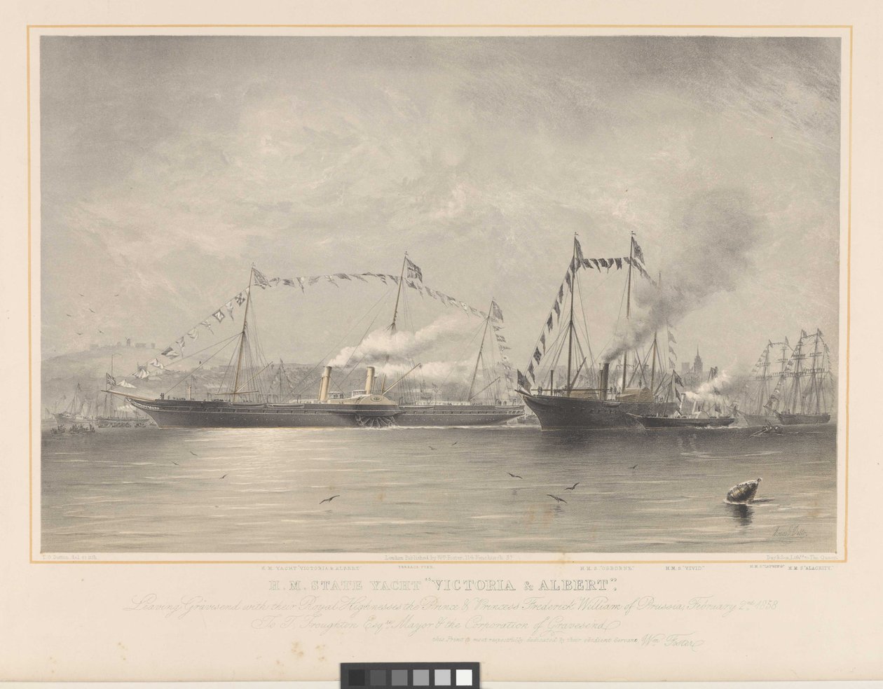 H.M. State Yacht Victoria & Albert, forlater Gravesend med deres kongelige høyheter prinsen og prinsesse Frederick William av Preussen, 2. februar 1858    Signert av kunstner i plate. utilgjengelig av William Foster