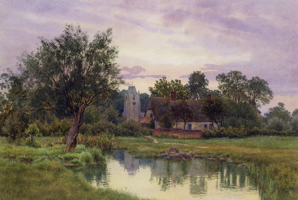 Kveld, Hemingford Grey Church, Huntingdonshire (wc på papir) av William Fraser Garden