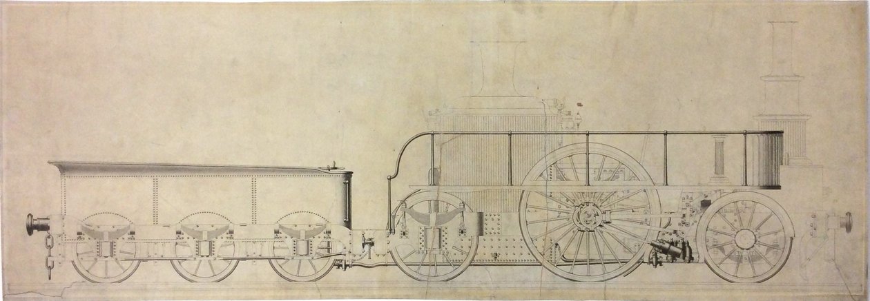 Konstruksjonstegning av eksperimentelt kondenserende lokomotiv, før 1848 av William George Armstrong