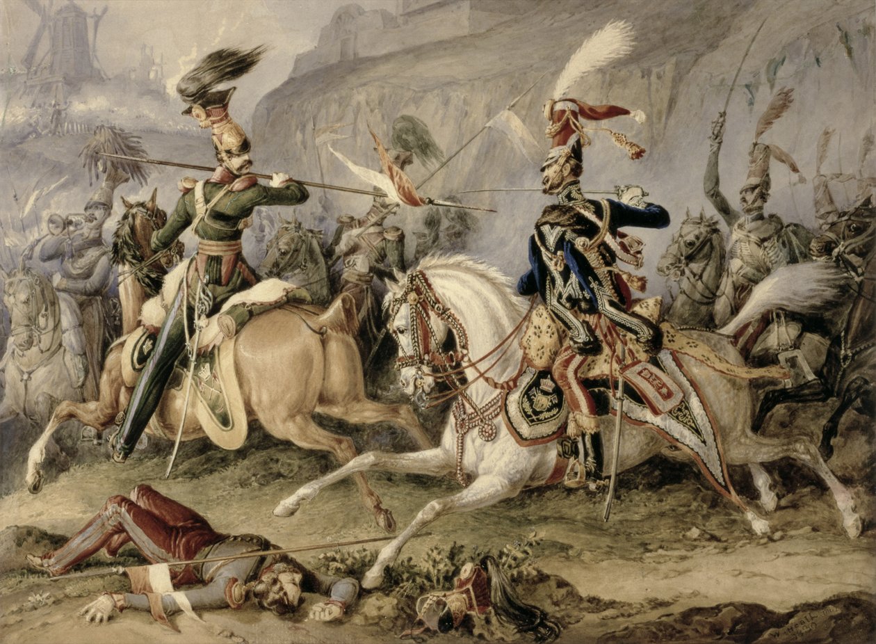 The Cavalry Battle, 1830 (wc over blyant forsterket med gouache på papir) av William Heath