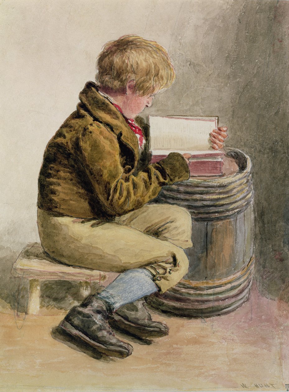Liten gutt leser en bok (wc) av William Henry Hunt
