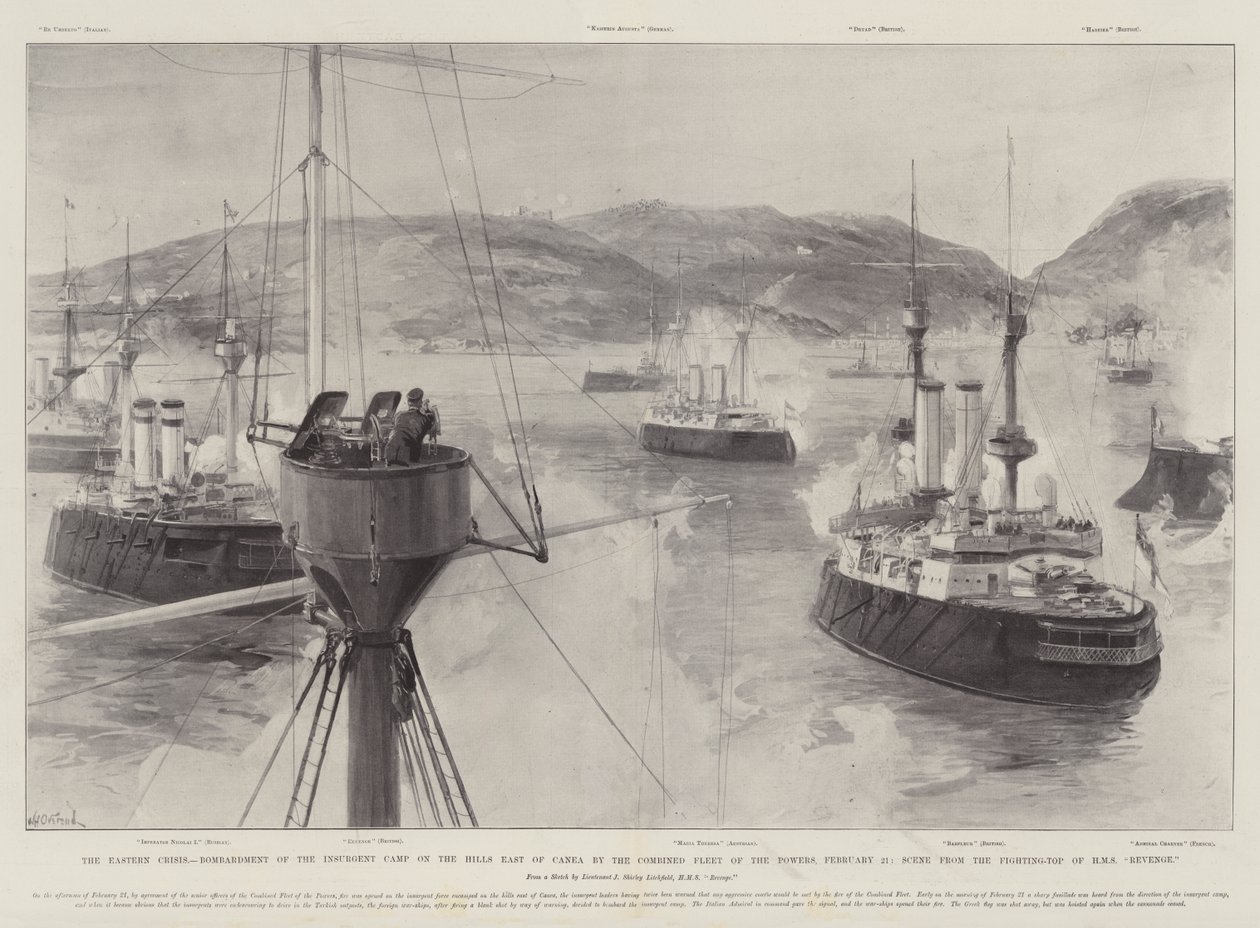 The Eastern Crisis, bombardement av opprørsleiren på åsene øst for Canea av Combined Fleet of the Powers, 21. februar, Scene fra Fighting-Toppen av HMS Revenge av William Heysham Overend