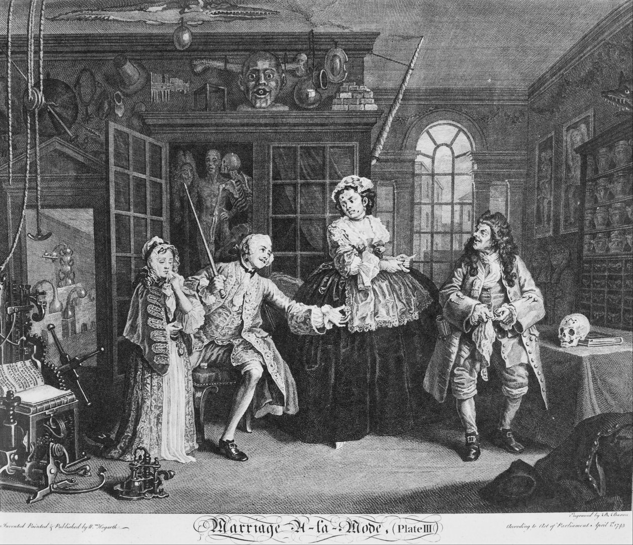 Ekteskap à la Mode, plate 3, (Scenen med kvakksalderen) av William Hogarth