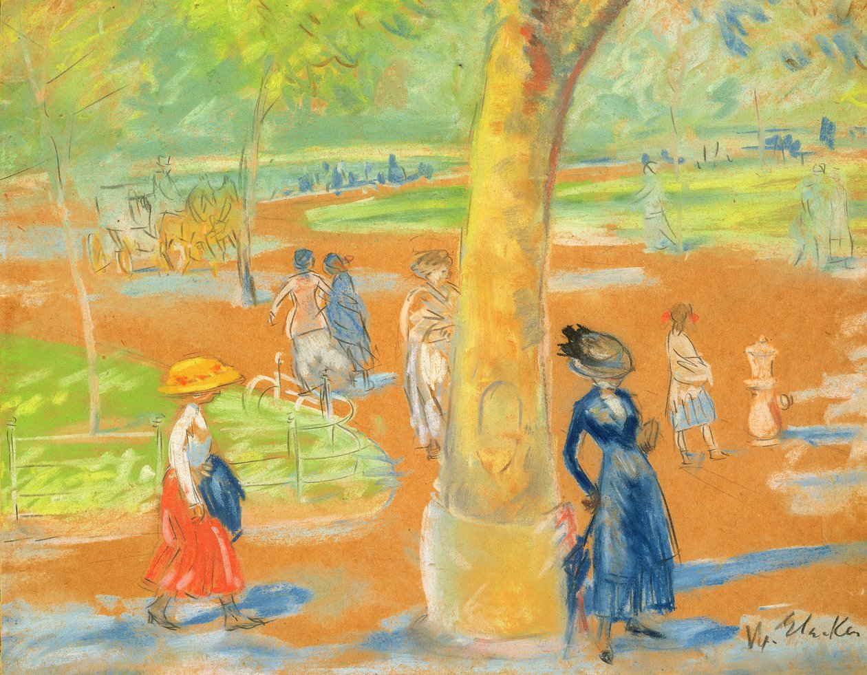 Park (kvinne i blått under et tre) av William James Glackens