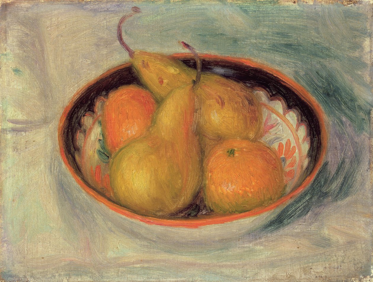 Pærer og appelsiner i en skål, 1915 av William James Glackens