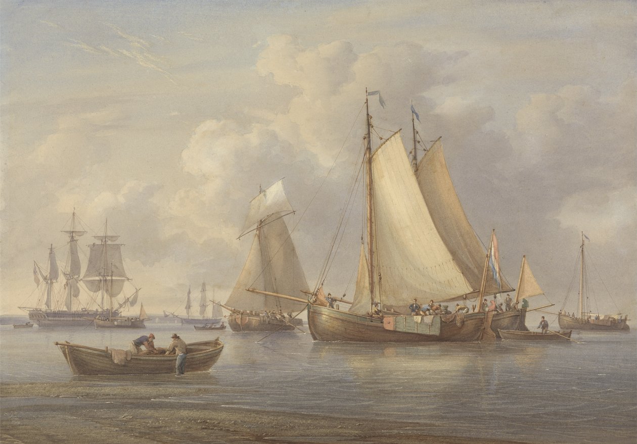 Hollandske fiskebåter ved anker i en elvemunning, ca. 1850-60 (wc med skraping og tyggegummi på papir) av William Joy