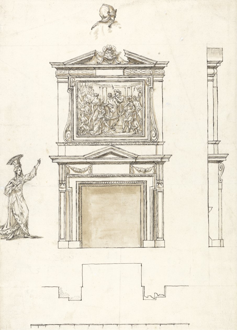 Design for Chimney Piece i Hall at Stowe, ca. 1733 (penn og blekk med vask over grafitt på papir) av William Kent