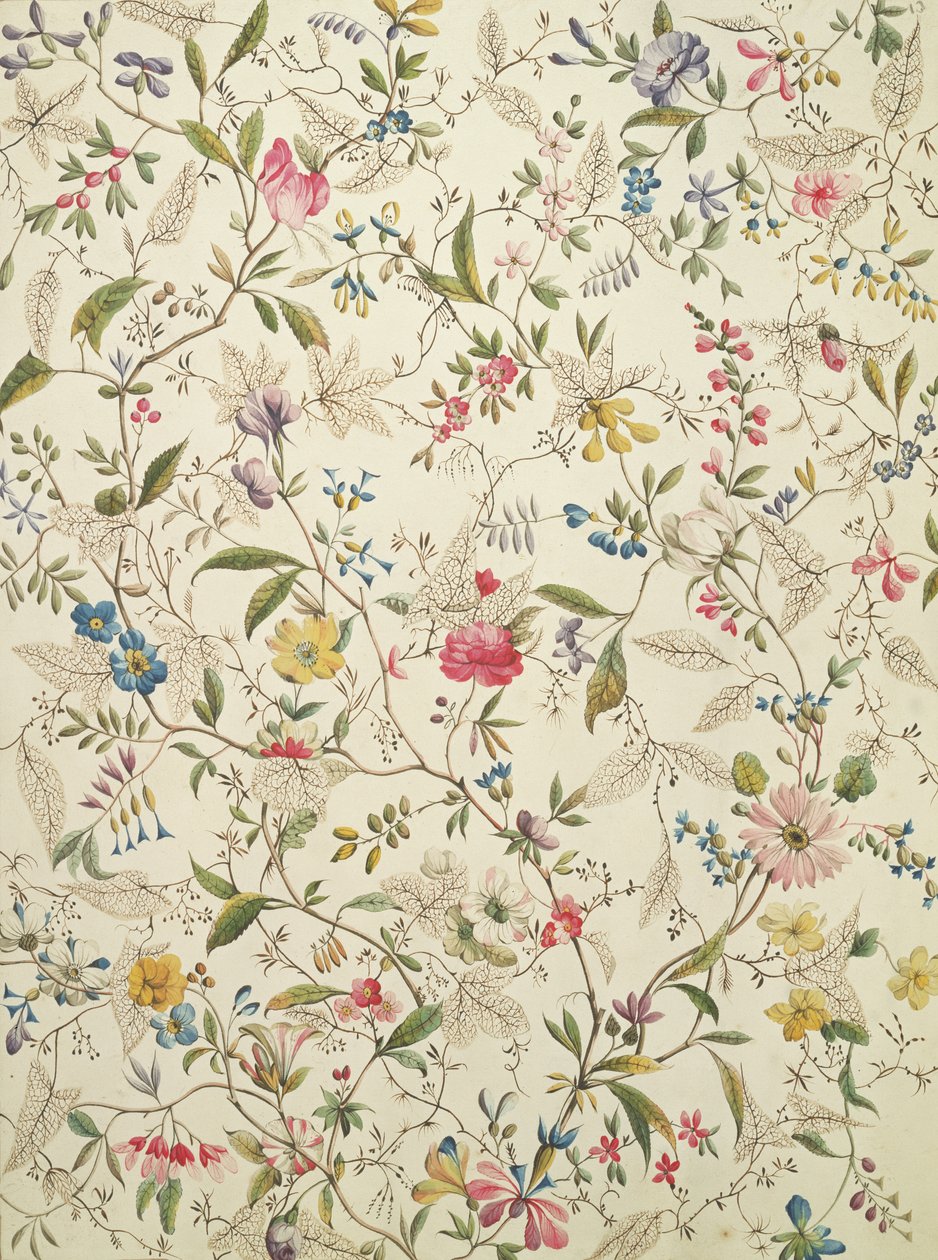 Ville blomsterdesign for silkemateriale, ca. 1790 av William Kilburn