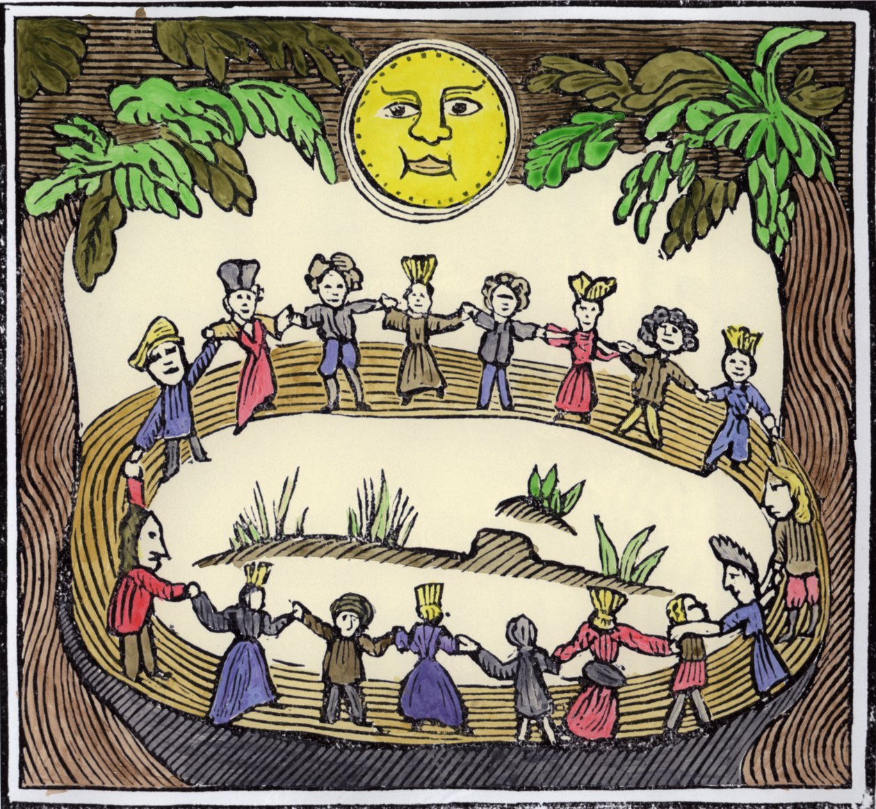 Circle of Witches dansing Beneath a Full Moon, illustrasjon fra en samling kapittelbøker om esoterica (senere fargelegging) av William Linnell