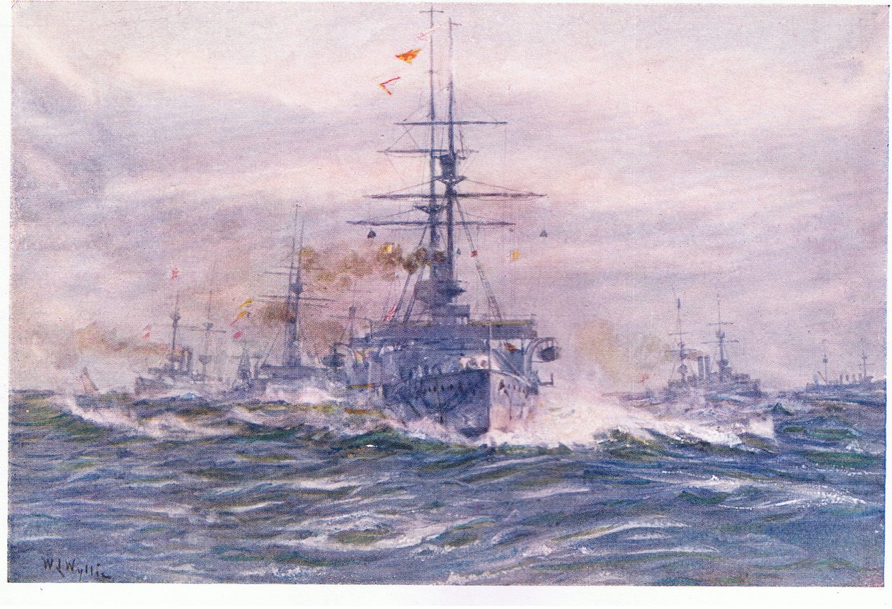 Slagskip fra den hvite æra til sjøs, 1915 av William Lionel Wyllie