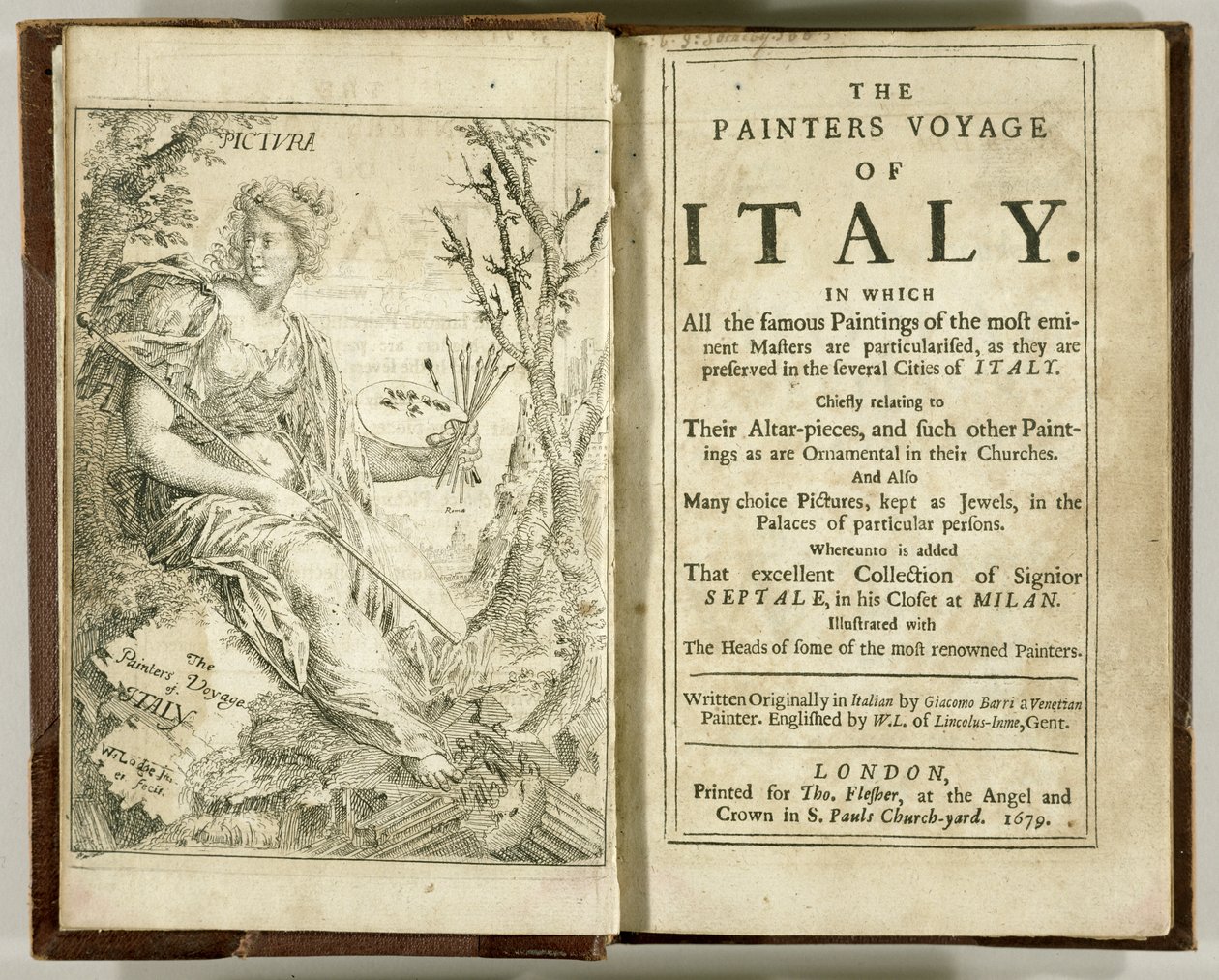 Tittelside fra The Painters Voyage of Italy... av Giacomo Barri, 1679 av William Lodge