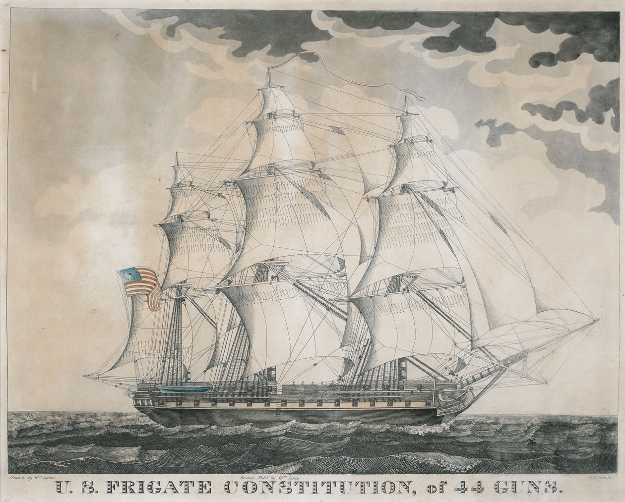 U.S.S fregattkonstitusjon, med 44 kanoner, gravert av Abel Bowen (f.1790) ca. 1812 (håndfarget gravering og akvatint) av William Lynn