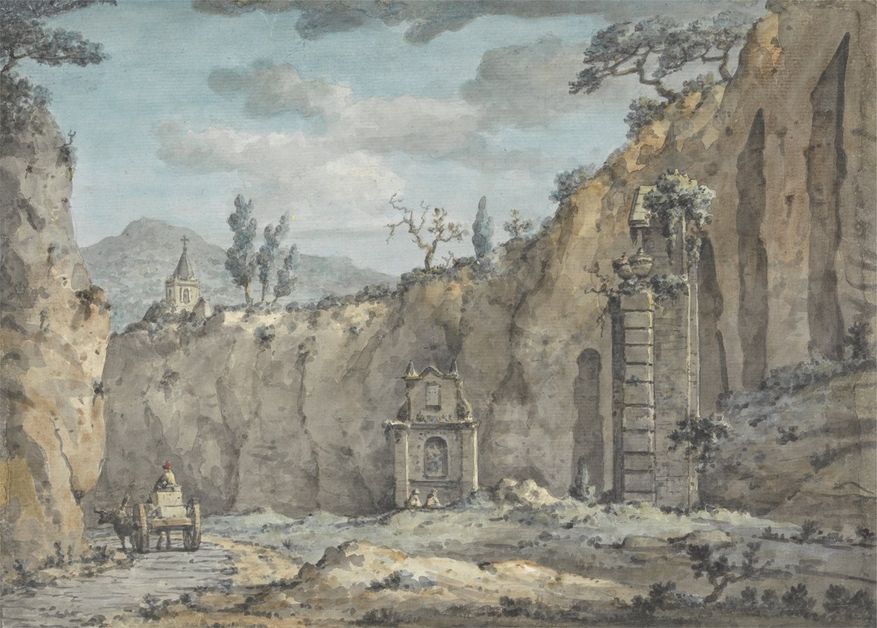 Oksevogn i grotten ved Posillipo, ca. 1770 (wc over grafitt på papir) av William Marlow