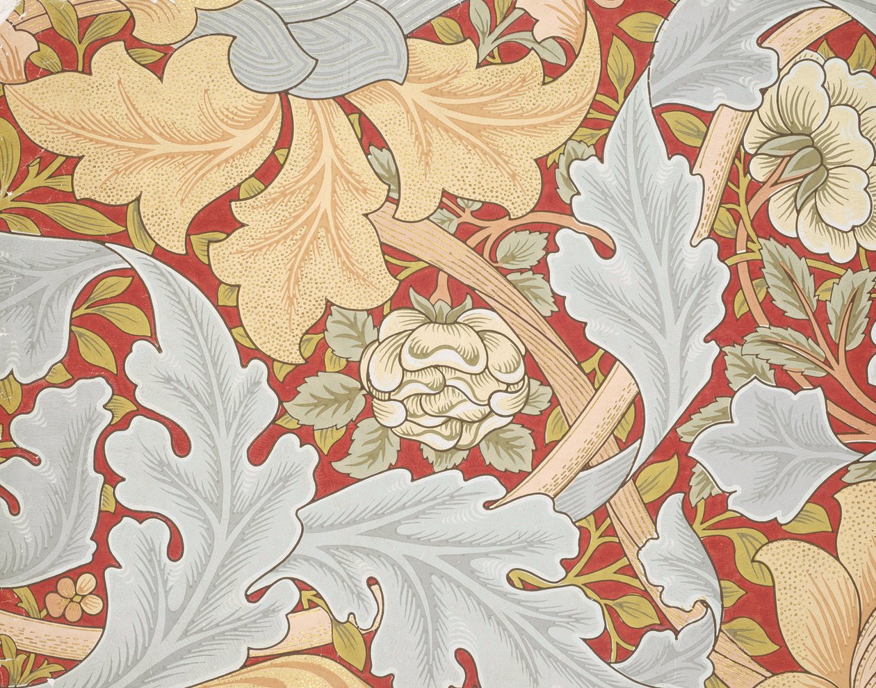 Acanthus Leaves, Wild Rose on Crimson Background, 1800-tallet (tapet) av William Morris