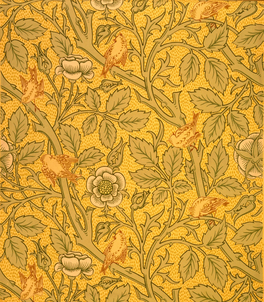 Fugletapetdesign (farget treblokktrykk på papir) av William Morris