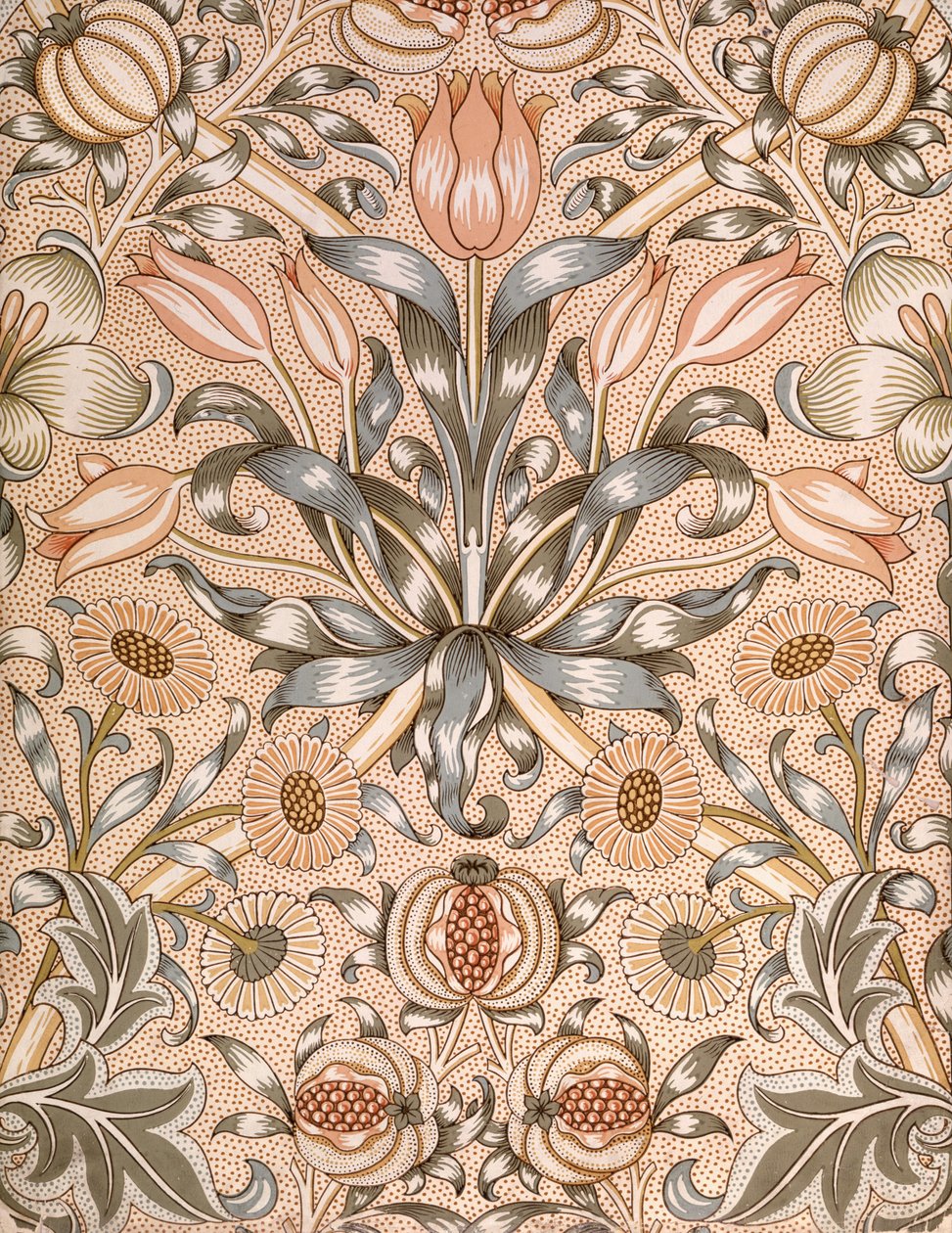Lily and Pomegranate Wallpaper Design, 1886 (farget treblokktrykk på papir) av William Morris