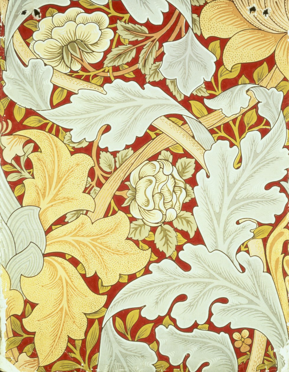 Tapet med akantusblader og ville roser på en karmosinrød bakgrunn designet av William Morris (1834-96) av William Morris