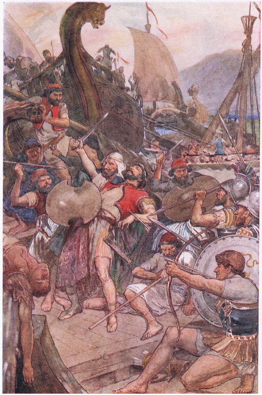 Den persiske admiralens død i Salamis, fra Plutarch Lives utgitt av T C & E C Jack Ltd, 1920-tallet av William Rainey