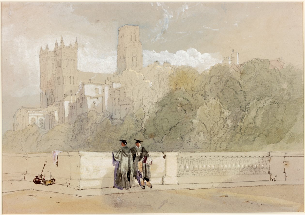 Durham Cathedral fra Prebends Bridge kroppsfarge, blyant og wc på papir av William Roxby Beverley