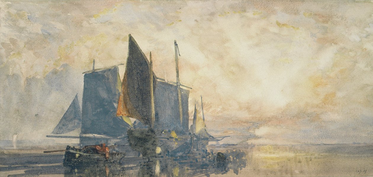 Fiskebåter ved anker: Solnedgang, 1800-tallet (akvarell) av William Roxby Beverly