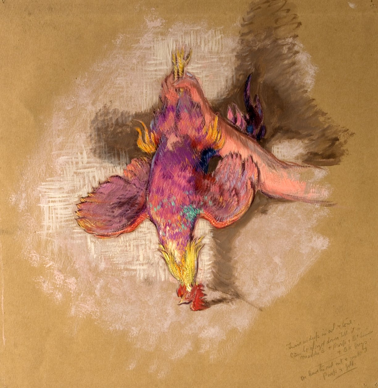 Studie av en arm og en hånd som holder en fugl ved bena for "Highland Raiders", ca. 1918 av William Shackleton
