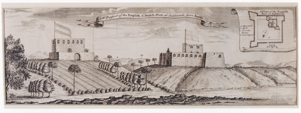 South-west Prospect of the English and Dutch Forts at Sakkundi, ca. 1744 av William Smith