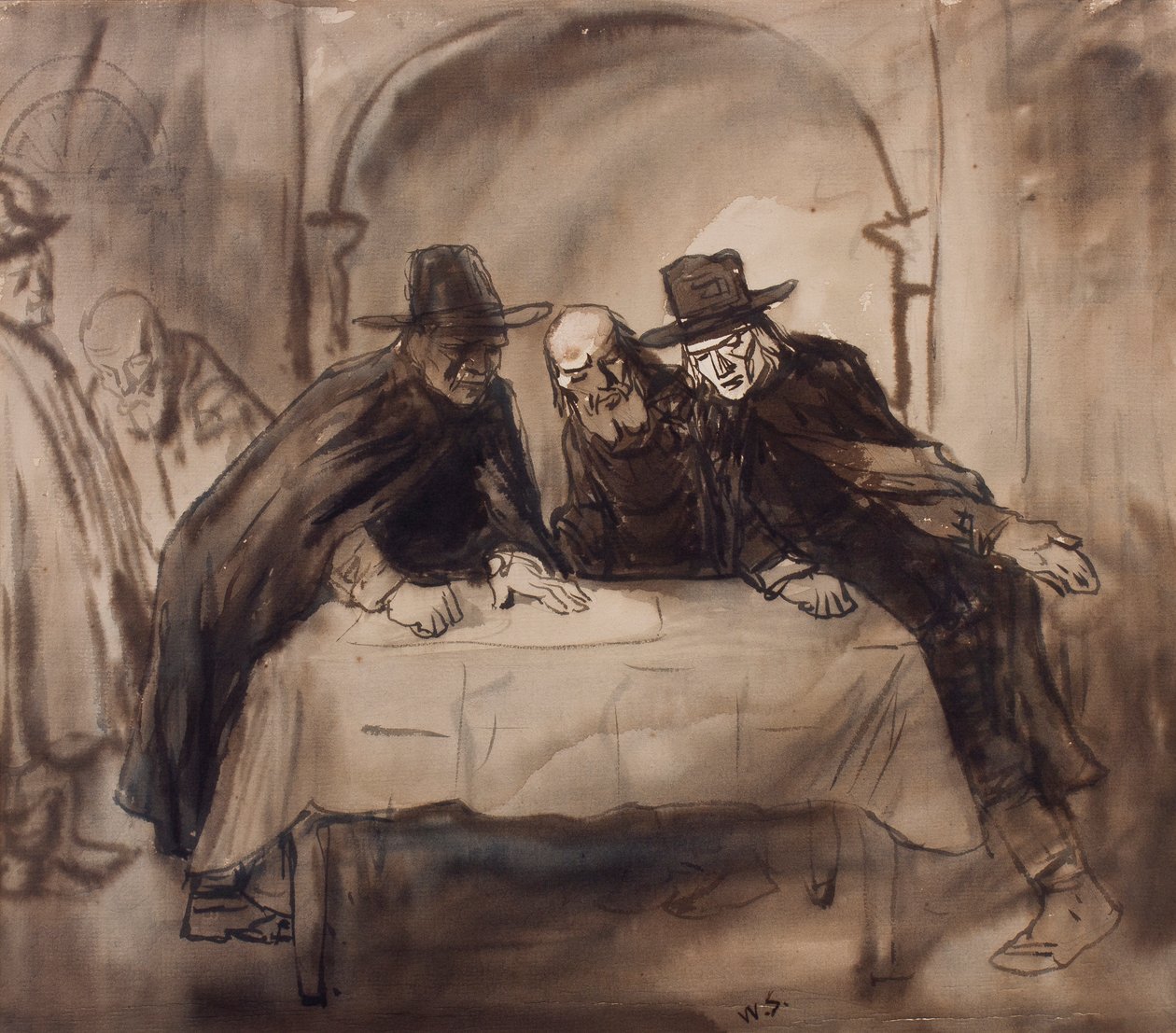 En konspirasjon, ca. 1905 (penn, pensel og blekk på papir) av William Strang