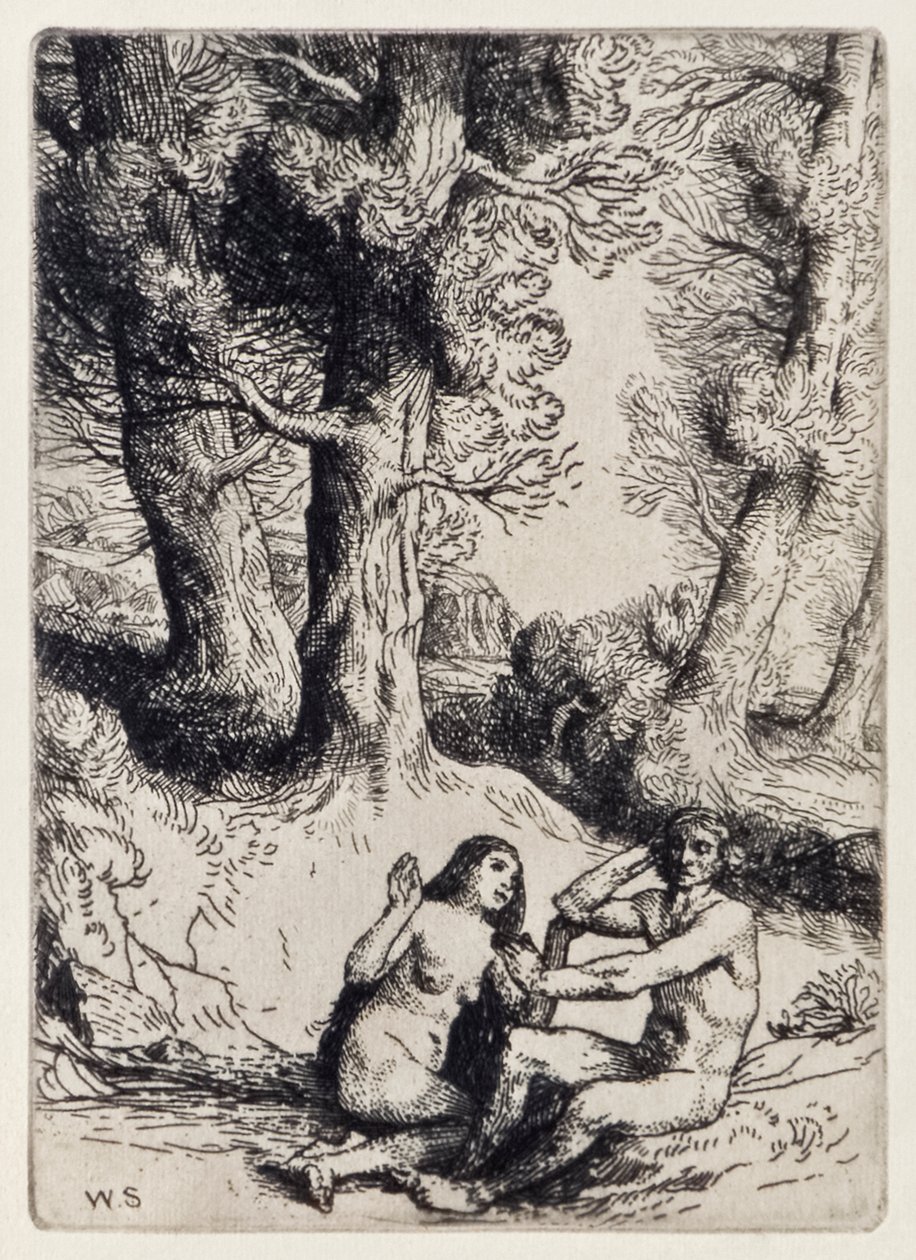 Adam Rejects the Condolement of Eva from Paradise Lost av John Milton (1608-1674), en serie på 12 illustrasjoner etset av William Strang (1859-1921) av William Strang