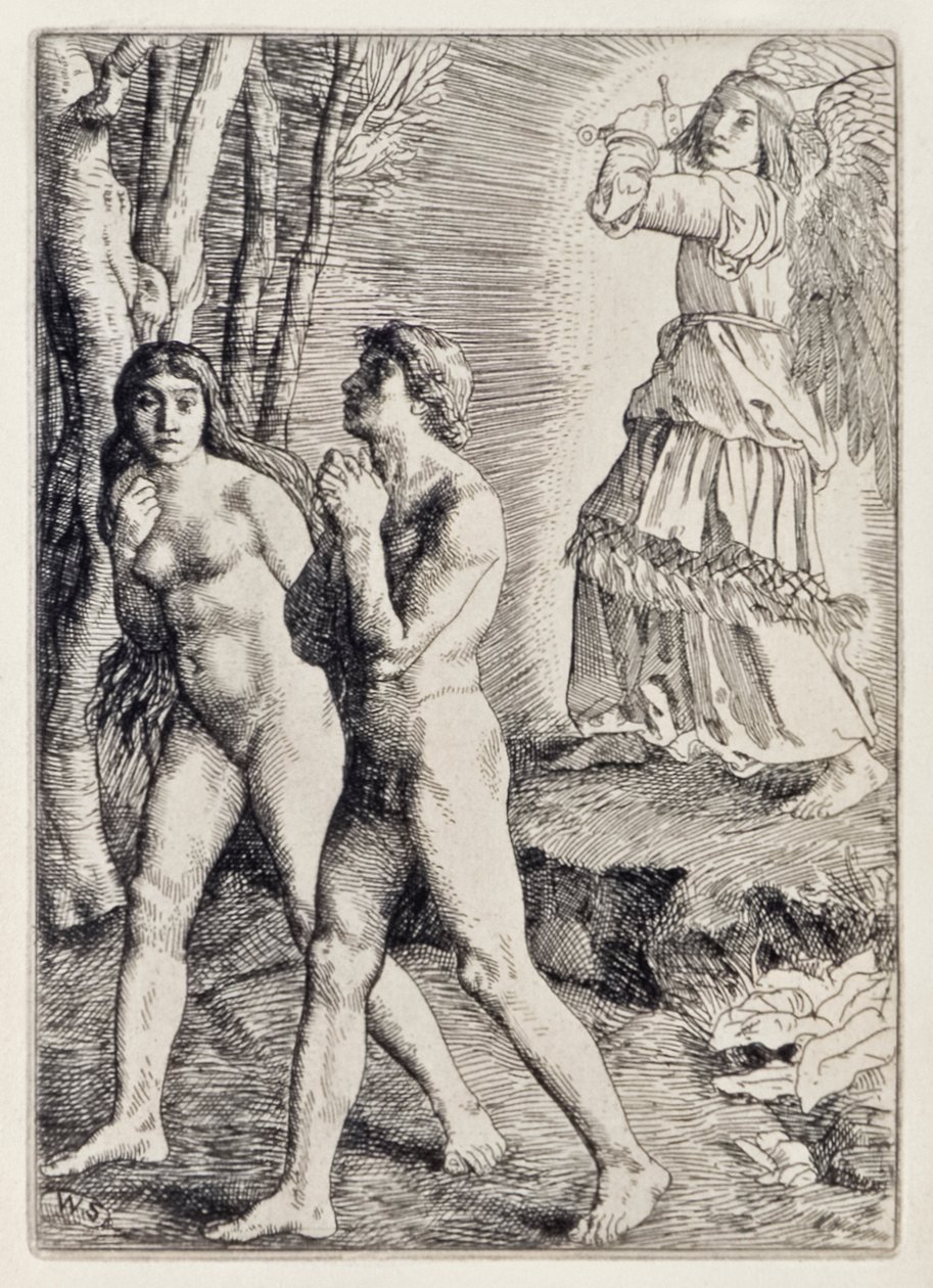 Adam og Eva utvist fra Paradiset fra Paradise Lost av John Milton (1608-1674), en serie på 12 illustrasjoner etset av William Strang (1859-1921) av William Strang