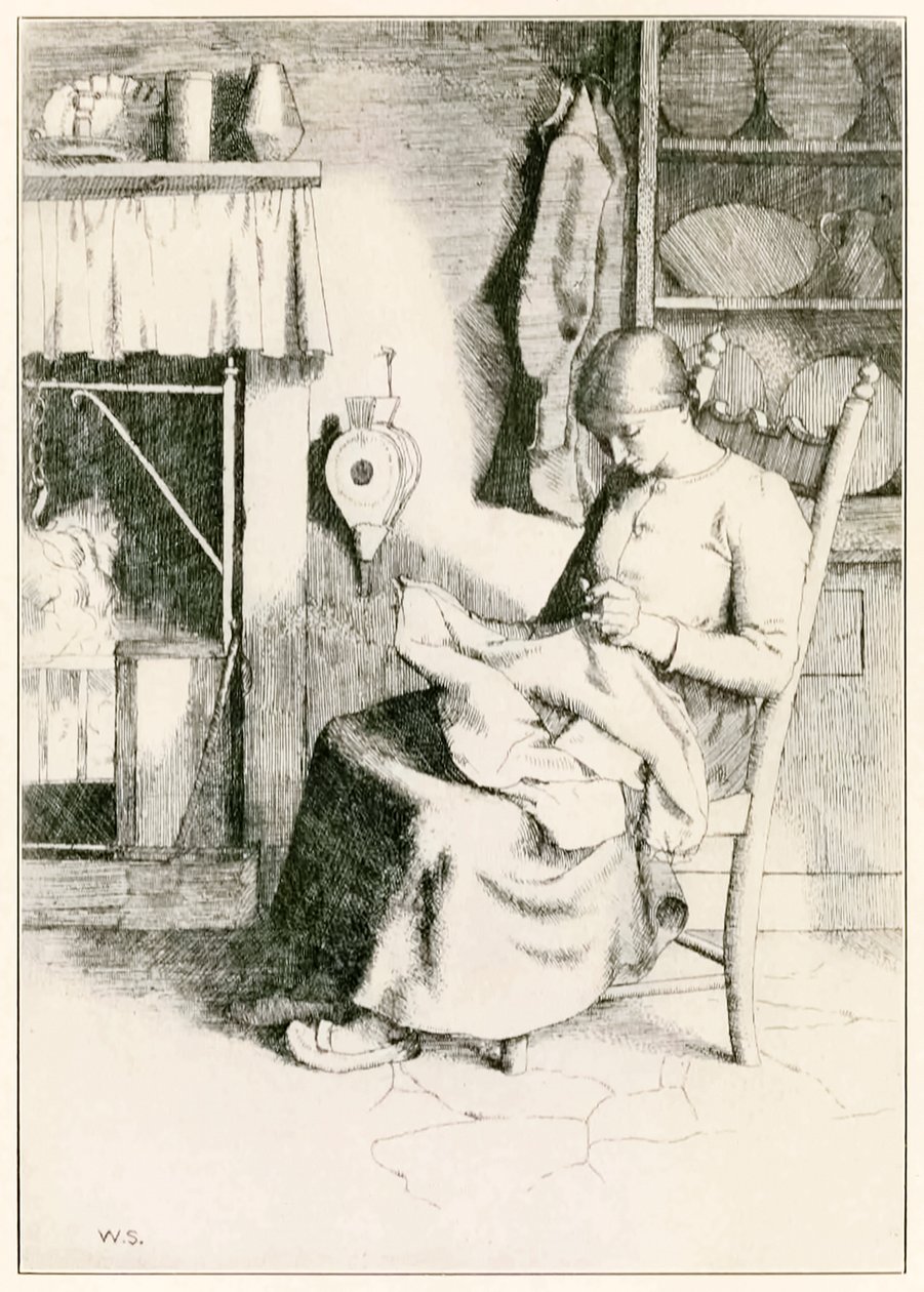 Mercy at Her Work fra The Pilgrims Progress From This World, To That Who Is To Come av John Bunyan (1628-1688) illustrasjon av William Strang (1859-1921) Mercy lager og reparerer ting for de fattige. av William Strang