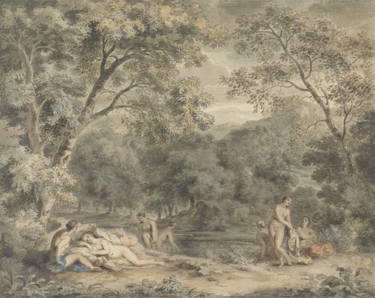 Nymphs Bathing in a Wooded Glade, ca. 1765-70 (wc og gouache på papir) av William Taverner