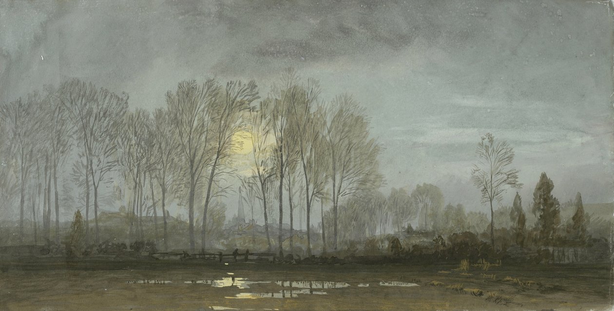 Moonlit Landscape, 1862 (wc med gouache på blågrått vevd papir) av William Trost Richards