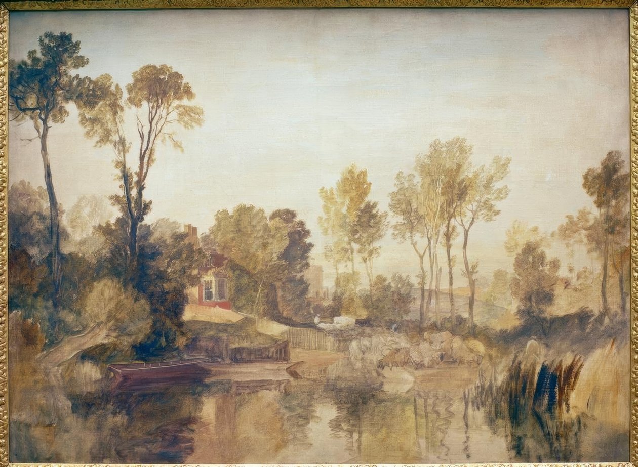 Hus ved siden av en elv, med trær og sauer av Joseph Mallord William Turner