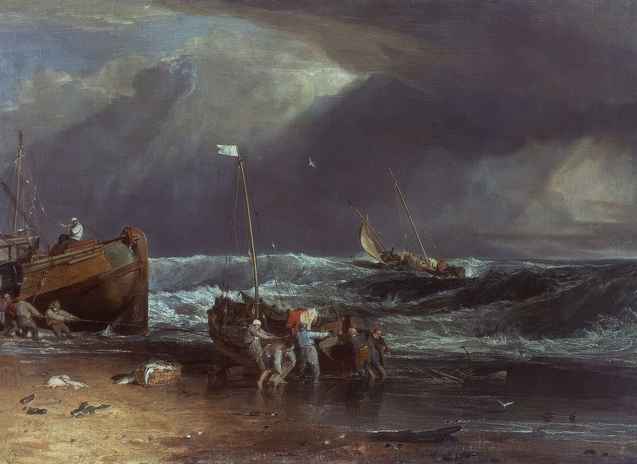 LØFTING AV BÅTEN PÅ EN STORMDAG - XIX ÅRHUNDRE. Künstler: JOSEPH MALLORD WILLIAM TURNER. Lage: KENWOOD HOUSE / COL IVEAGH BEQUE, LONDON, ENGLAND av Joseph Mallord William Turner