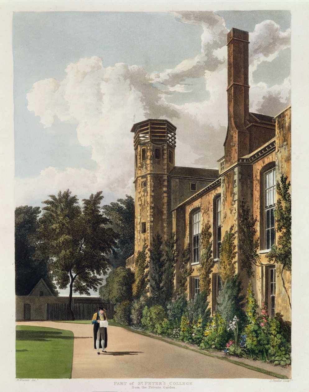 En del av St. Peter's College (Peterhouse) fra Private Garden, Cambridge, fra 'The History of Cambridge', gravert av Joseph Constantine Stadler (fl.1780-1812), pub. av R. Ackermann, 1815 (farge av William Westall
