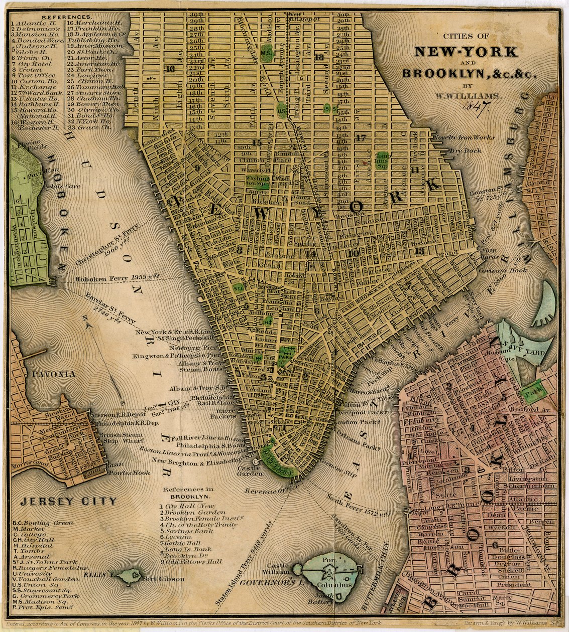 Byene New-York og Brooklyn, undc. undc., 1847 (svart og farget blekk på papir, bakket med papir) av William Williams